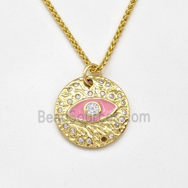 Copper Evil Eye Necklace Pave Zirconia Pink Enamel Gold Plated