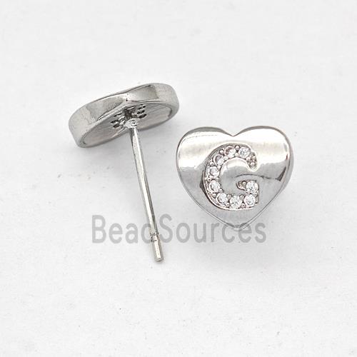 Copper Heart Stud Earring Pave Zirconia Letter-G Platinum Plated