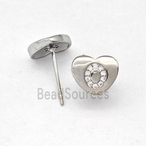 Copper Heart Stud Earring Pave Zirconia Letter-O Platinum Plated