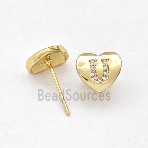 Copper Heart Stud Earring Pave Zirconia Letter-U Gold Plated