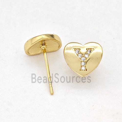 Copper Heart Stud Earring Pave Zirconia Letter-Y Gold Plated