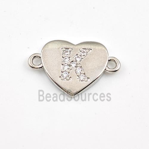 Copper Heart Connector Pave Zirconia Letter-K Platinum Plated