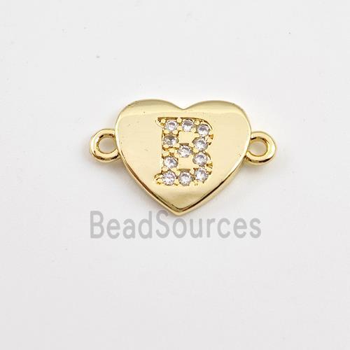 Copper Heart Connector Pave Zirconia Letter-B Gold Plated