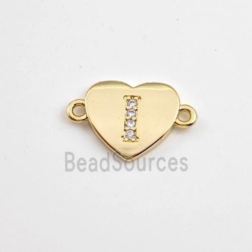 Copper Heart Connector Pave Zirconia Letter-I Gold Plated
