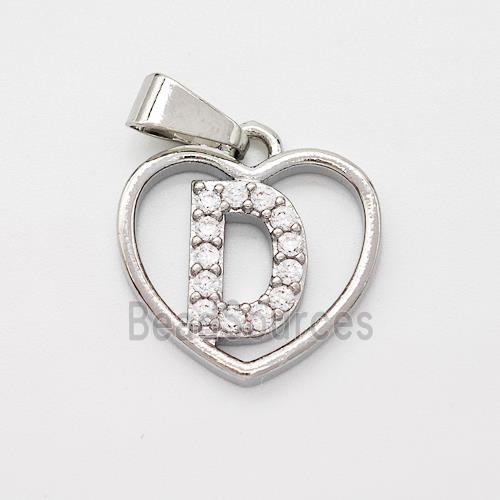 Copper Heart Pendant Pave Zirconia Letter-D Platinum Plated