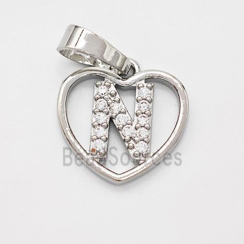 Copper Heart Pendant Pave Zirconia Letter-N Platinum Plated