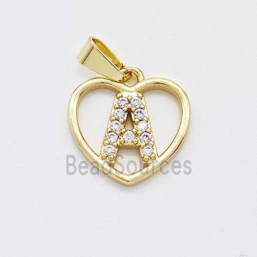 Copper Heart Pendant Pave Zirconia Letter-A Gold Plated