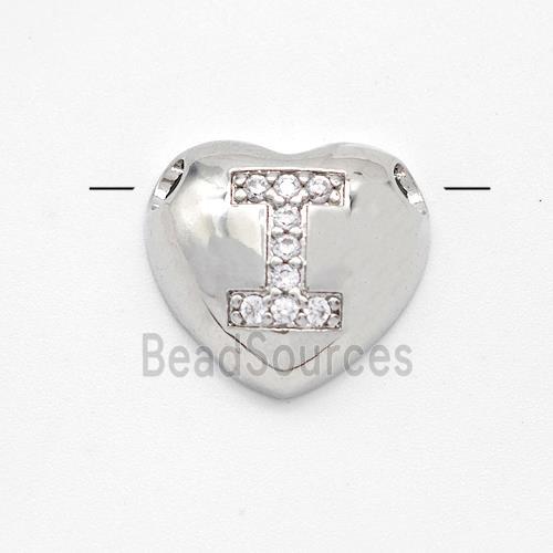 Copper Heart Pendant Pave Zirconia Letter-I Large Hole Platinum Plated