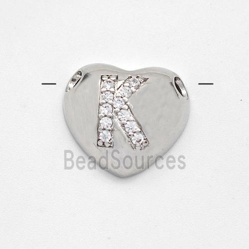 Copper Heart Pendant Pave Zirconia Letter-K Large Hole Platinum Plated