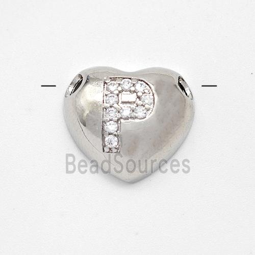 Copper Heart Pendant Pave Zirconia Letter-P Large Hole Platinum Plated