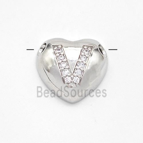 Copper Heart Pendant Pave Zirconia Letter-V Large Hole Platinum Plated