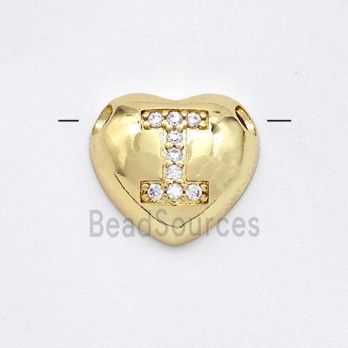 Copper Heart Pendant Pave Zirconia Letter-I Large Hole Gold Plated