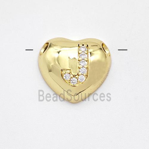 Copper Heart Pendant Pave Zirconia Letter-J Large Hole Gold Plated