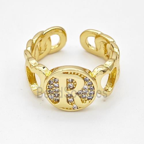 Copper Ring Pave Zirconia Letter-R Gold Plated