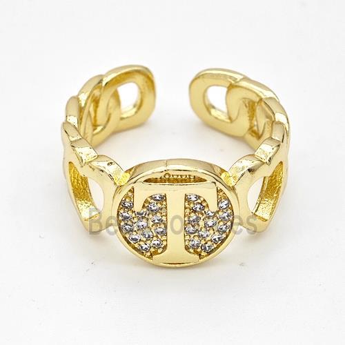 Copper Ring Pave Zirconia Letter-T Gold Plated