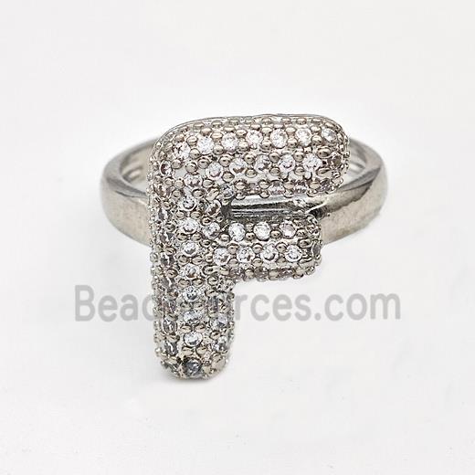 Copper Ring Pave Zirconia Letter-F Platinum Plated