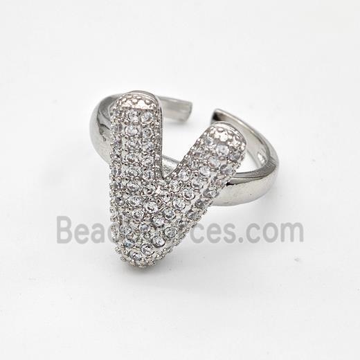 Copper Ring Pave Zirconia Letter-V Platinum Plated