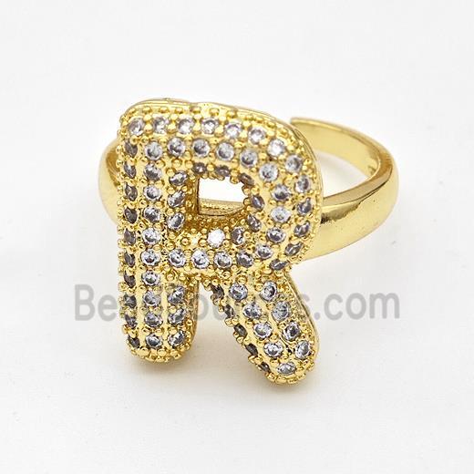 Copper Ring Pave Zirconia Letter-R Gold Plated