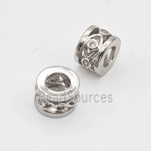 Copper Tube Beads Pave Zirconia Hollow Large Hole Platinum Plated