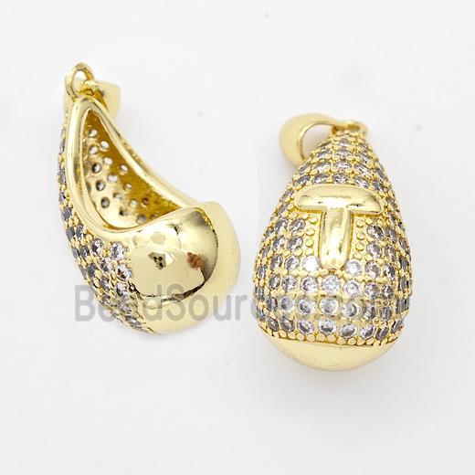 Copper Teardrop Pendant Pave Zirconia Letter-T Hollow Gold Plated