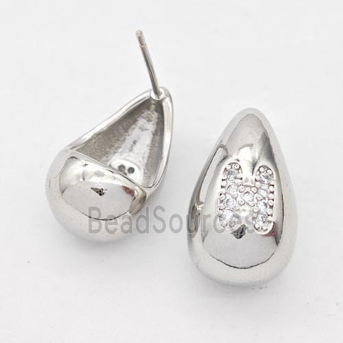 Copper Teardrop Stud Earring Pave Zirconia Letter-H Platinum Plated