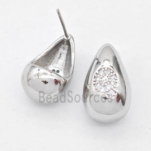 Copper Teardrop Stud Earring Pave Zirconia Letter-Q Platinum Plated