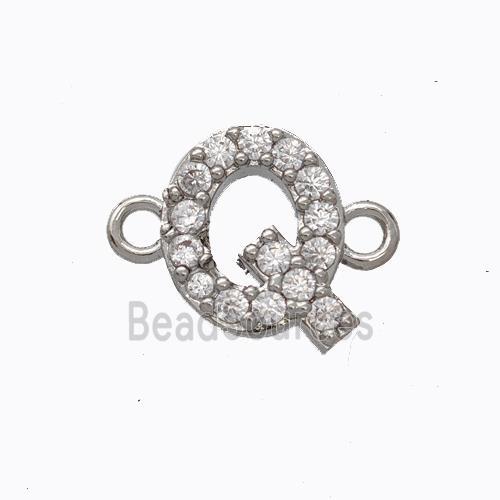 Copper Connector Pave Zirconia Letter-Q Platinum Plated