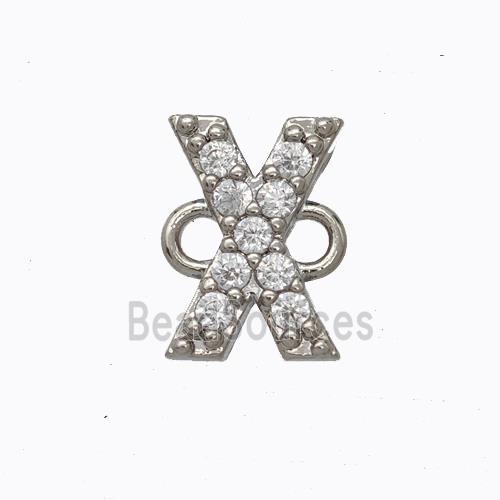 Copper Connector Pave Zirconia Letter-X Platinum Plated