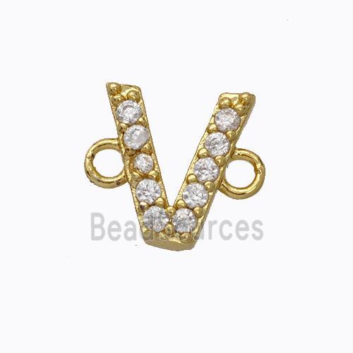 Copper Connector Pave Zirconia Letter-V Gold Plated