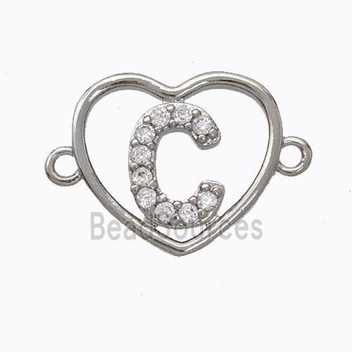 Copper Heart Connector Pave Zirconia Letter-C Platinum Plated