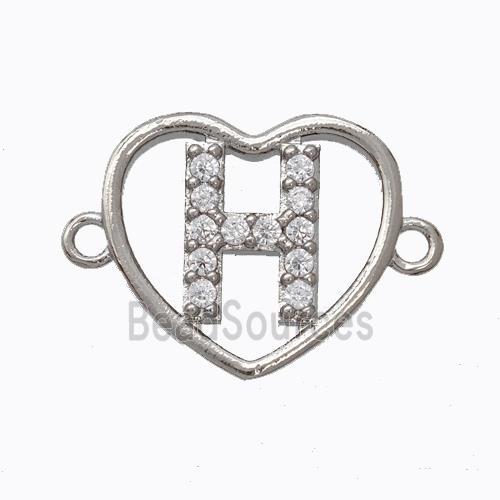 Copper Heart Connector Pave Zirconia Letter-H Platinum Plated