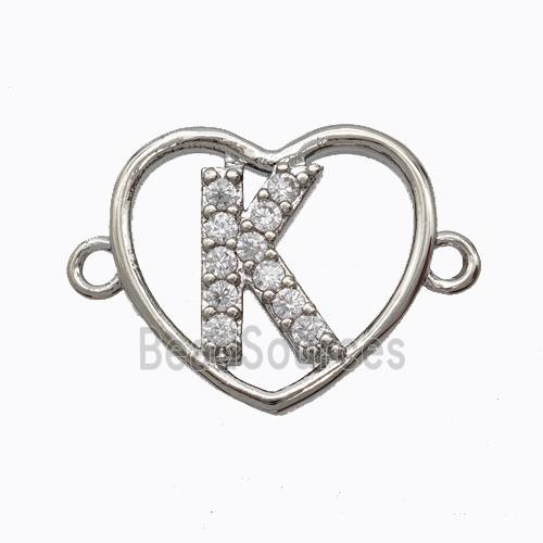 Copper Heart Connector Pave Zirconia Letter-K Platinum Plated