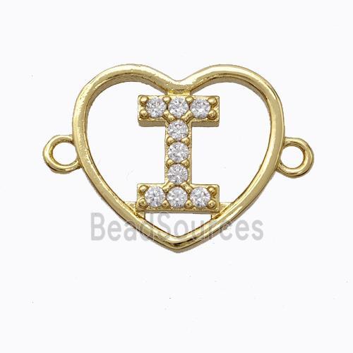 Copper Heart Connector Pave Zirconia Letter-I Gold Plated