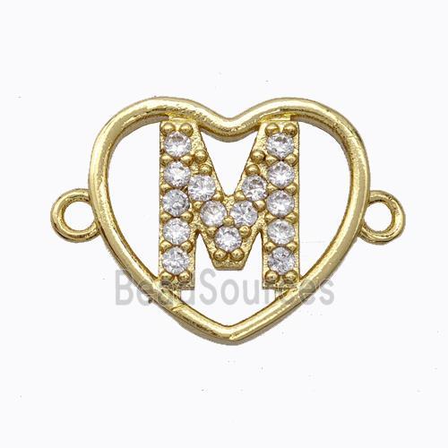 Copper Heart Connector Pave Zirconia Letter-M Gold Plated