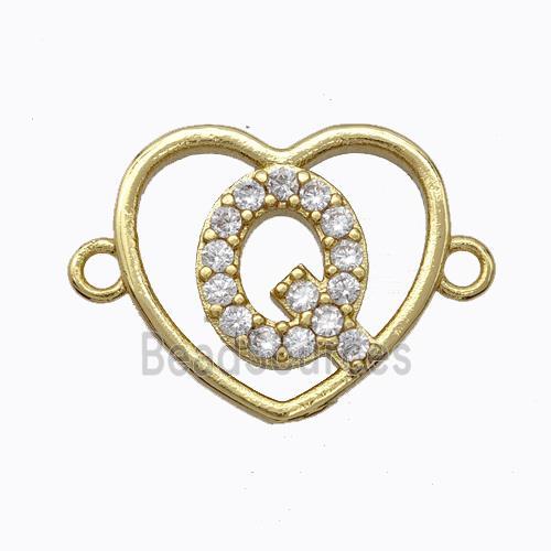 Copper Heart Connector Pave Zirconia Letter-Q Gold Plated