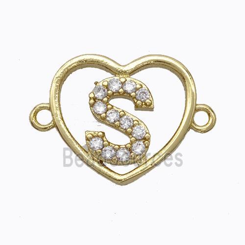 Copper Heart Connector Pave Zirconia Letter-S Gold Plated