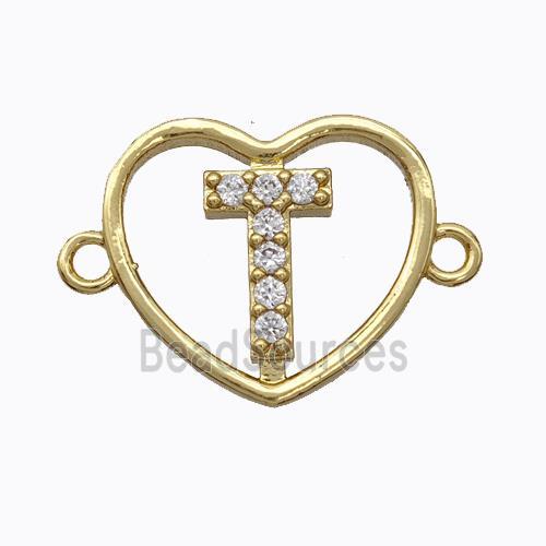 Copper Heart Connector Pave Zirconia Letter-T Gold Plated