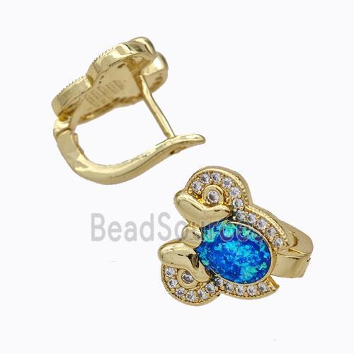 Copper Elephant Latchback Earrings Pave Zirconia Blue Fire Opal 18K Gold Plated