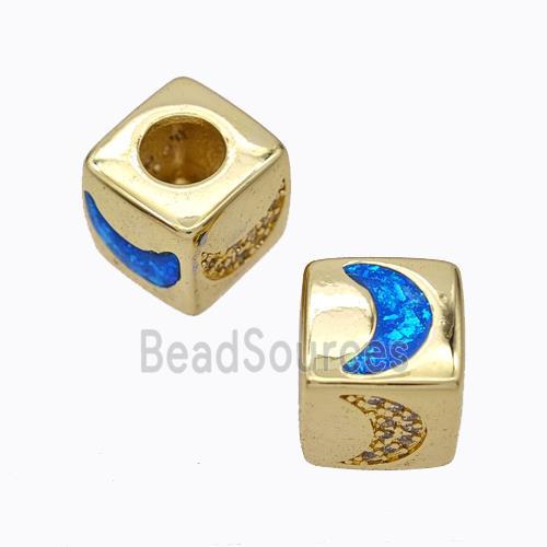 Copper Cube Beads Pave Zirconia Fire Opal Moon Large Hole 18K Gold Plated