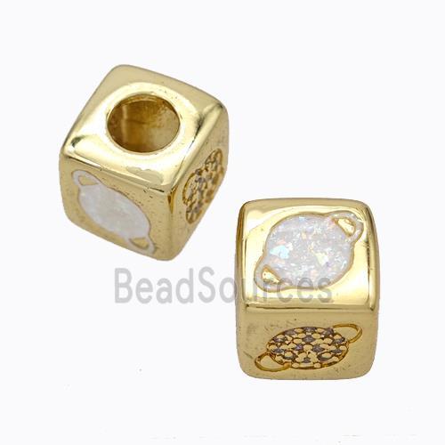 Copper Cube Beads Pave Zirconia Fire Opal Planet Large Hole 18K Gold Plated