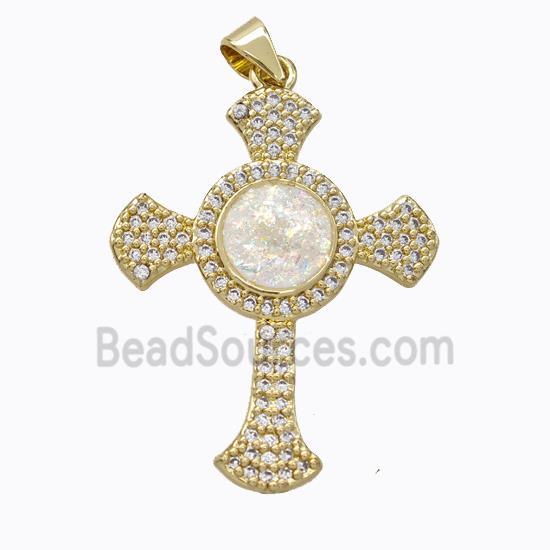 Copper Cross Pendant Micropave Zirconia Fire Opal 18K Gold Plated