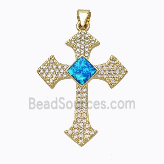 Copper Cross Pendant Micropave Zirconia Fire Opal 18K Gold Plated