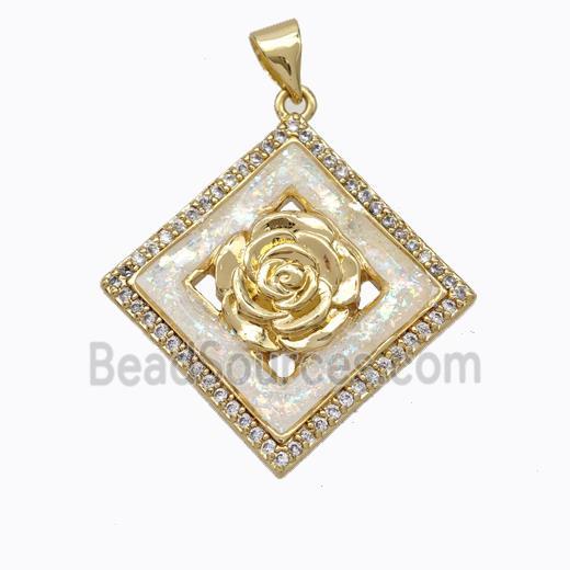 Copper Flower Pendant Micropave Zirconia White Fire Opal Square 18K Gold Plated