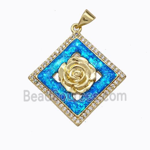 Copper Flower Pendant Micropave Zirconia Blue Fire Opal Square 18K Gold Plated