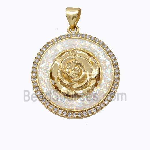 Copper Flower Pendant Micropave Zirconia White Fire Opal Circle 18K Gold Plated