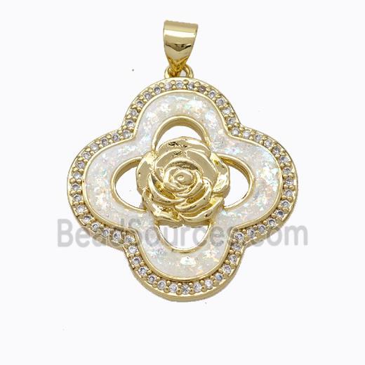 Copper Clover Pendant Micropave Zirconia White Fire Opal Flower 18K Gold Plated