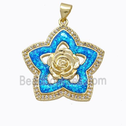 Copper Flower Pendant Micropave Zirconia Blue Fire Opal 18K Gold Plated