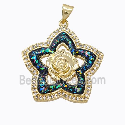 Copper Flower Pendant Micropave Zirconia Multicolor Fire Opal 18K Gold Plated