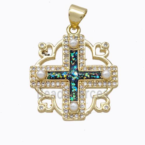 Copper Cross Pendant Pave Multicolor Fire Opal 18K Gold Plated