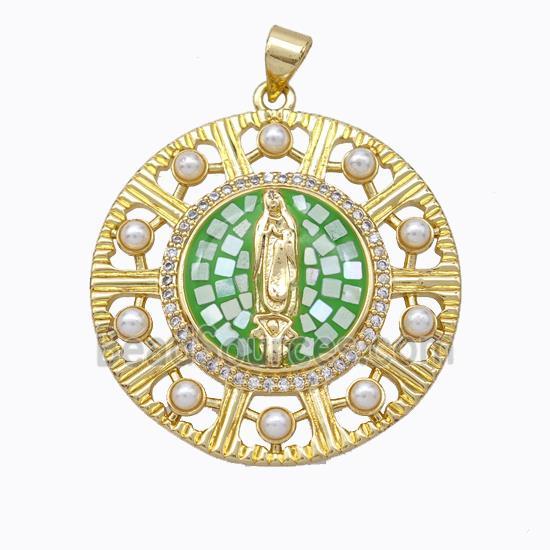 Virgin Mary Charms Copper Circle Pendant Pave Shell Resin 18K Gold Plated